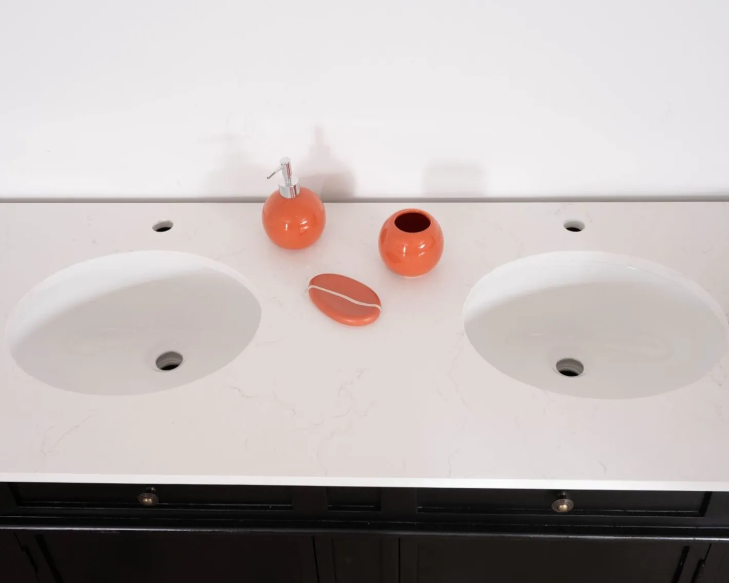 Clearance Meuble double vasque coins arrondis bois noir quartz blanc "Églantine" Meuble Sous Vasque