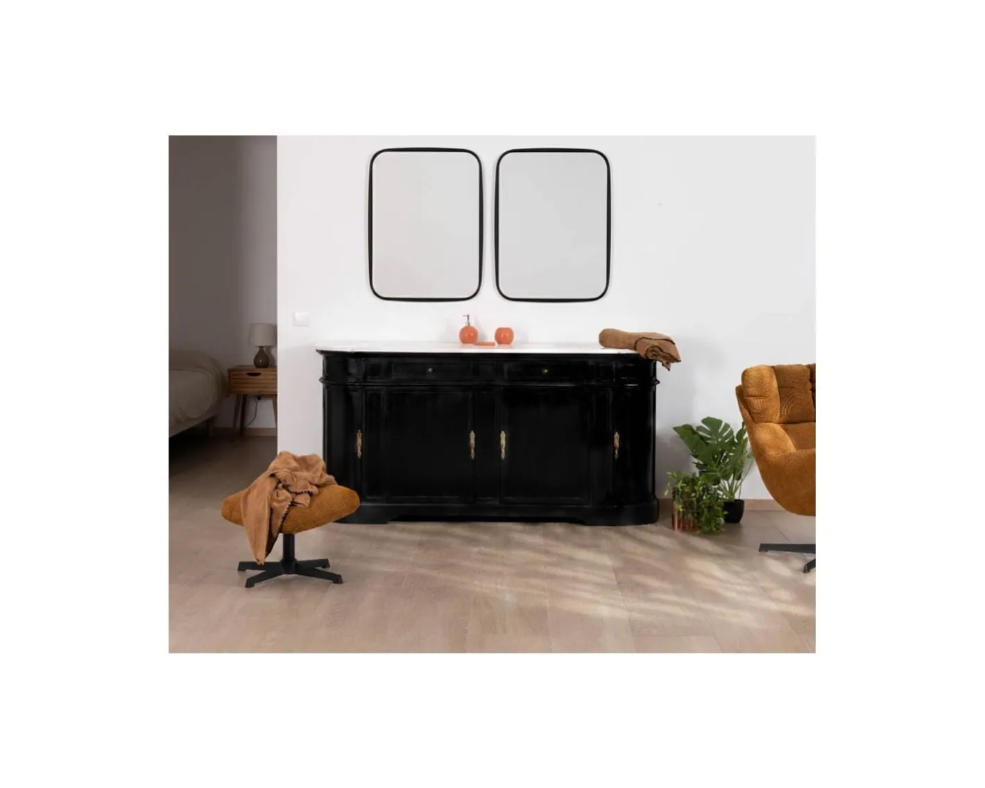 Clearance Meuble double vasque coins arrondis bois noir quartz blanc "Églantine" Meuble Sous Vasque