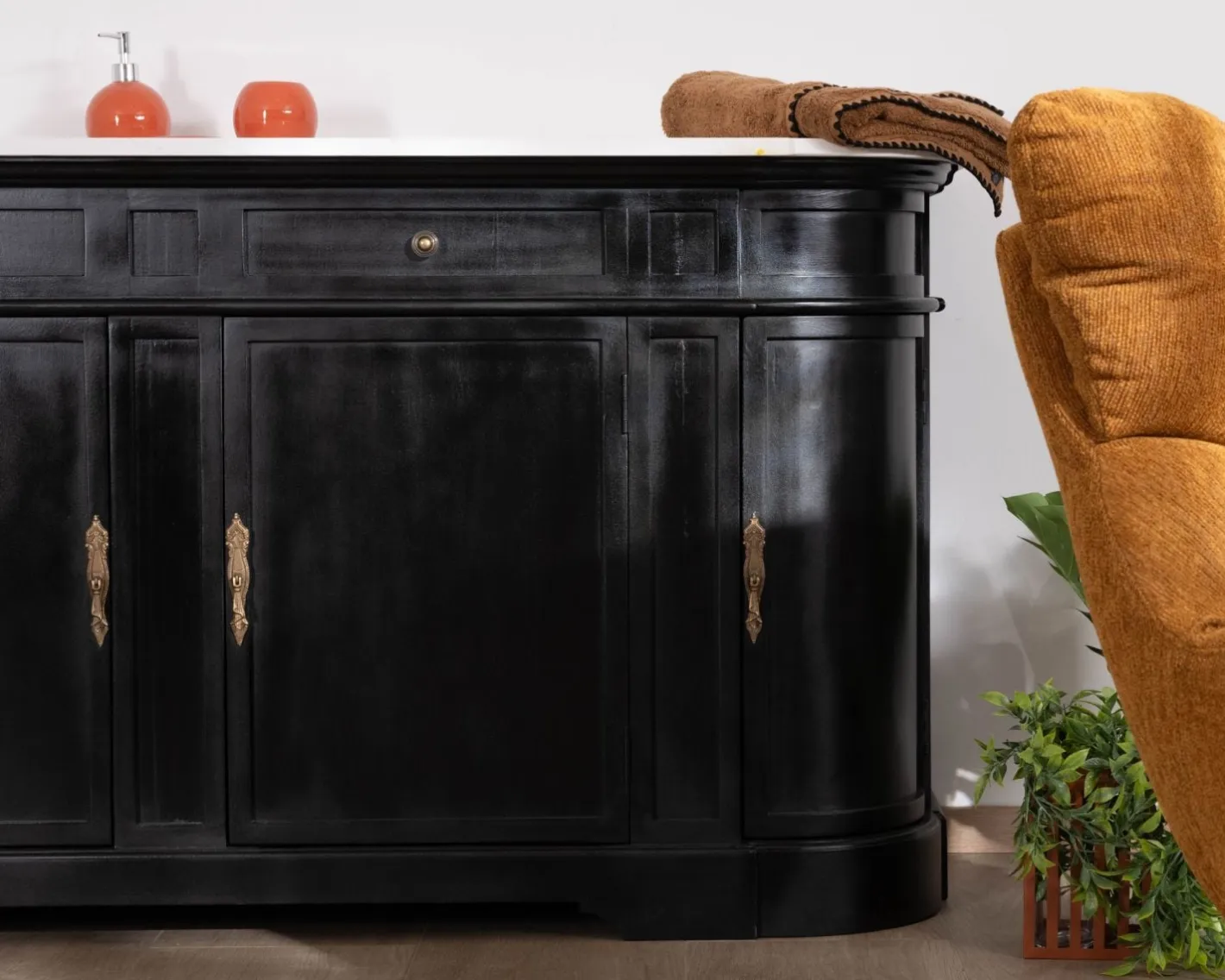 Clearance Meuble double vasque coins arrondis bois noir quartz blanc "Églantine" Meuble Sous Vasque