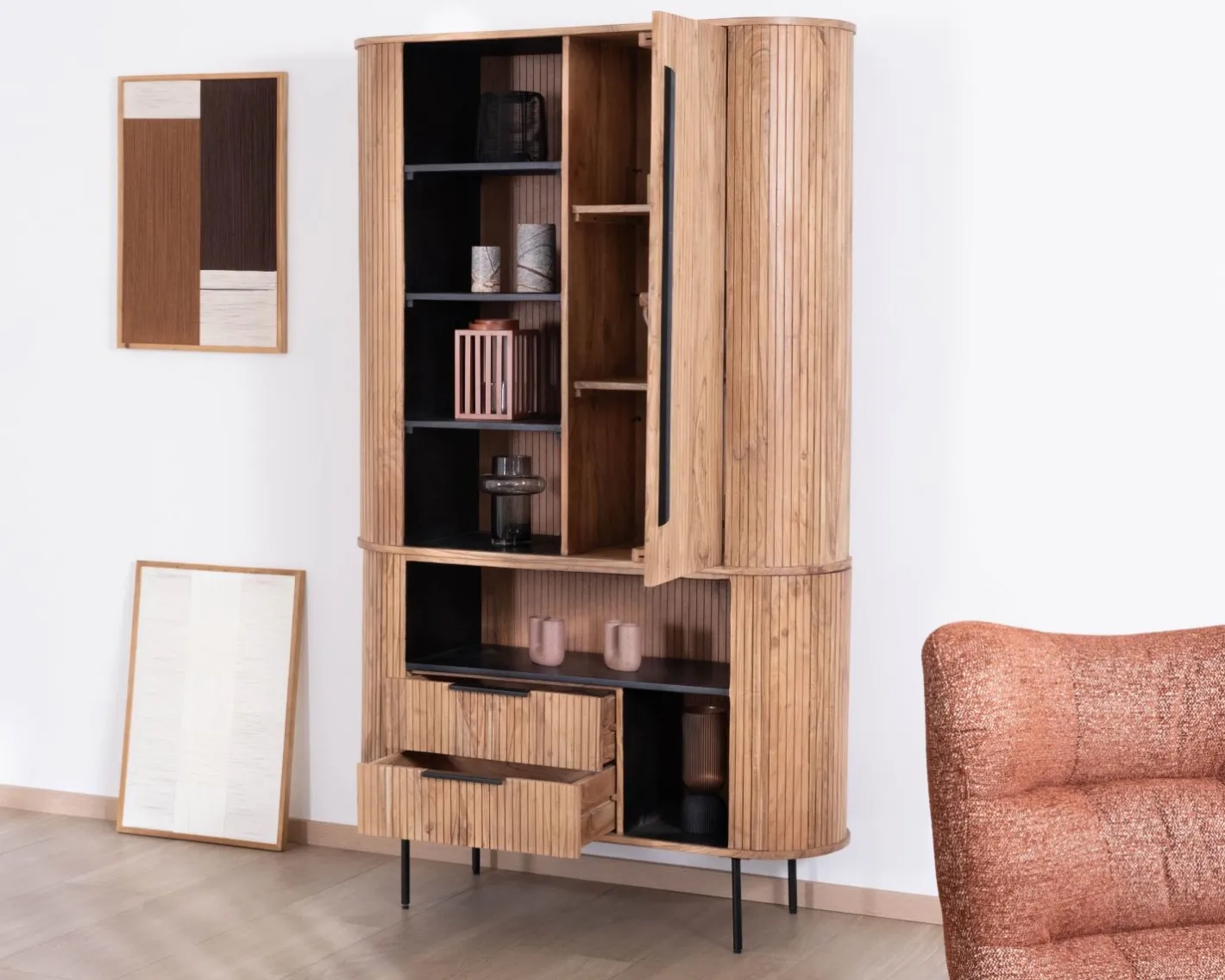 Clearance Meuble haut multi-rangement design rétro "Bopee" acacia avec éclairage LED Vitrine Et Argentier|Rangement