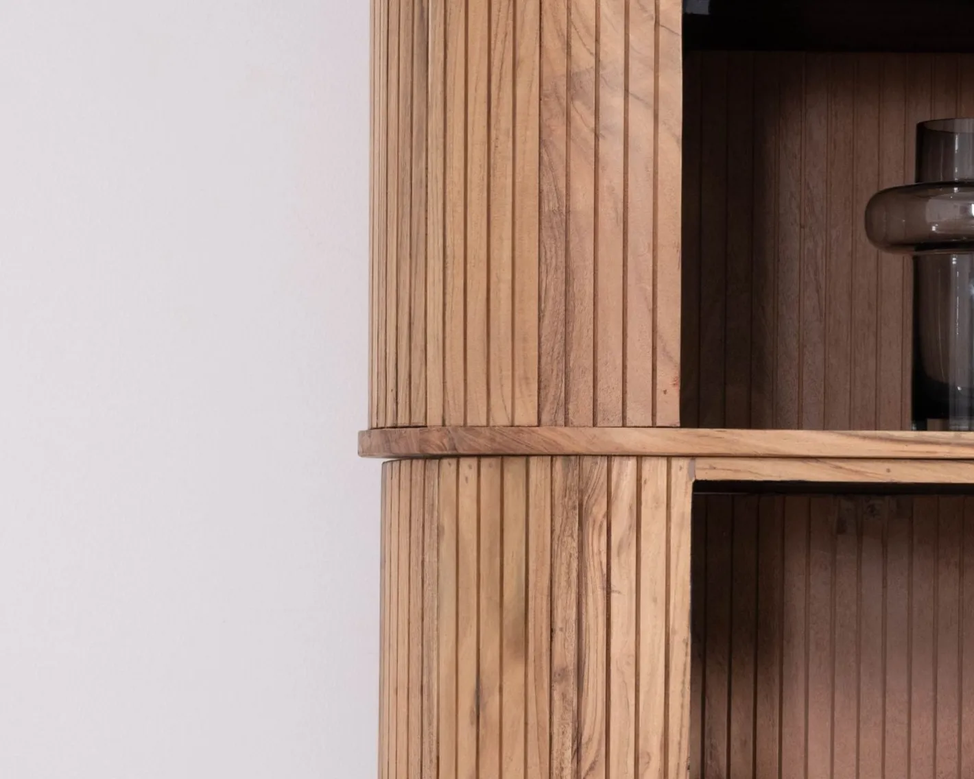 Clearance Meuble haut multi-rangement design rétro "Bopee" acacia avec éclairage LED Vitrine Et Argentier|Rangement