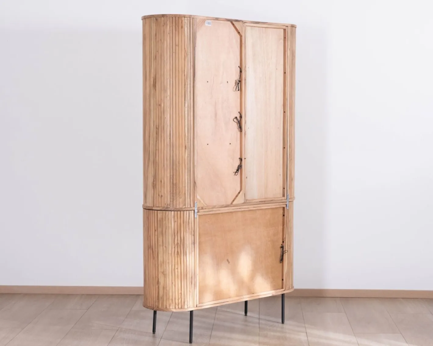 Clearance Meuble haut multi-rangement design rétro "Bopee" acacia avec éclairage LED Vitrine Et Argentier|Rangement