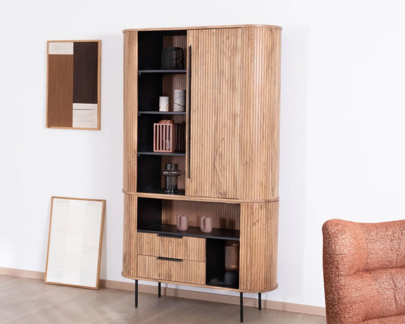 Clearance Meuble haut multi-rangement design rétro "Bopee" acacia avec éclairage LED Vitrine Et Argentier|Rangement