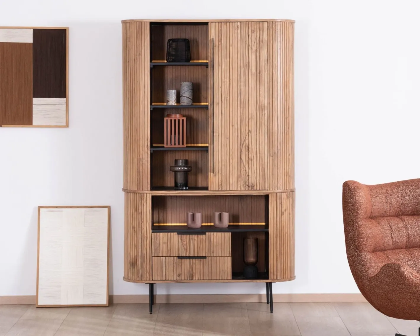Clearance Meuble haut multi-rangement design rétro "Bopee" acacia avec éclairage LED Vitrine Et Argentier|Rangement
