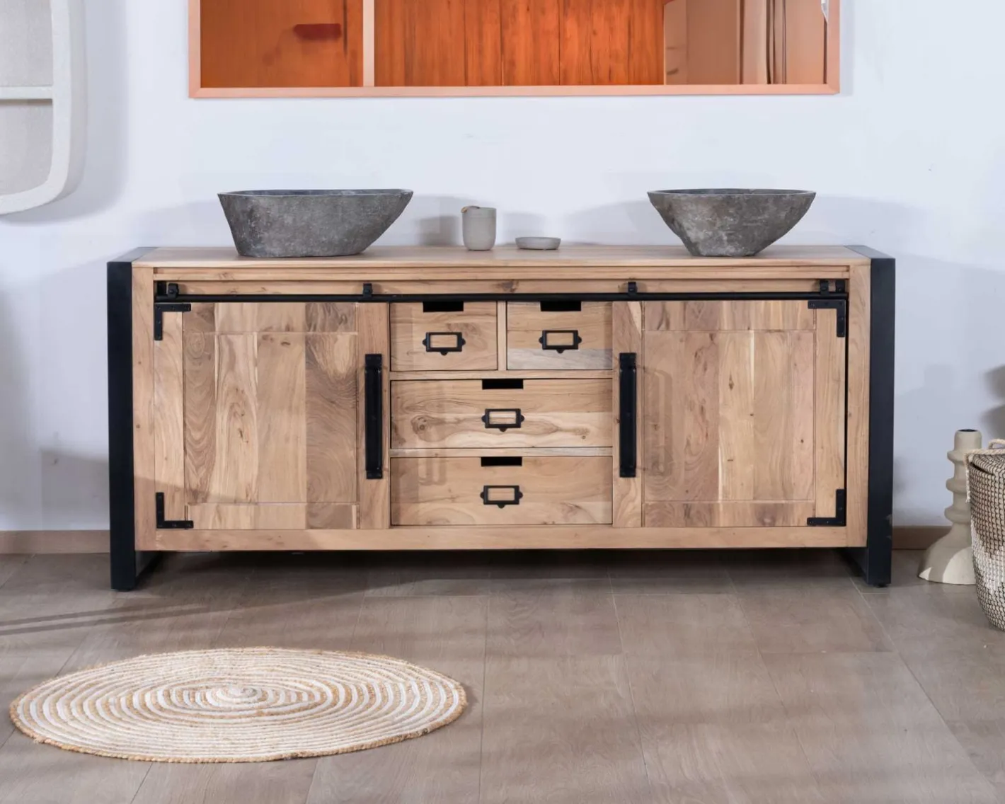 Hot Meuble salle de bain industriel métal et bois "Montréal" 165 cm Meuble Sous Vasque