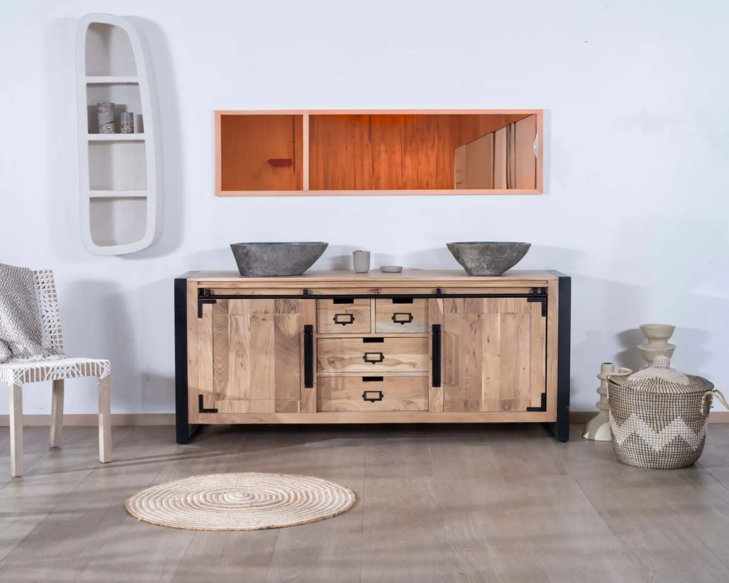 Hot Meuble salle de bain industriel métal et bois "Montréal" 165 cm Meuble Sous Vasque