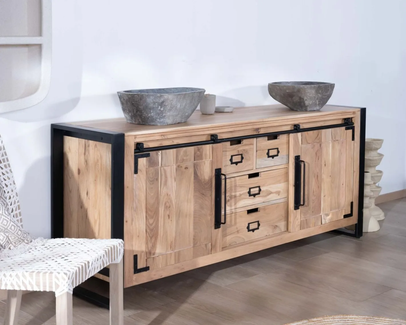 Hot Meuble salle de bain industriel métal et bois "Montréal" 165 cm Meuble Sous Vasque