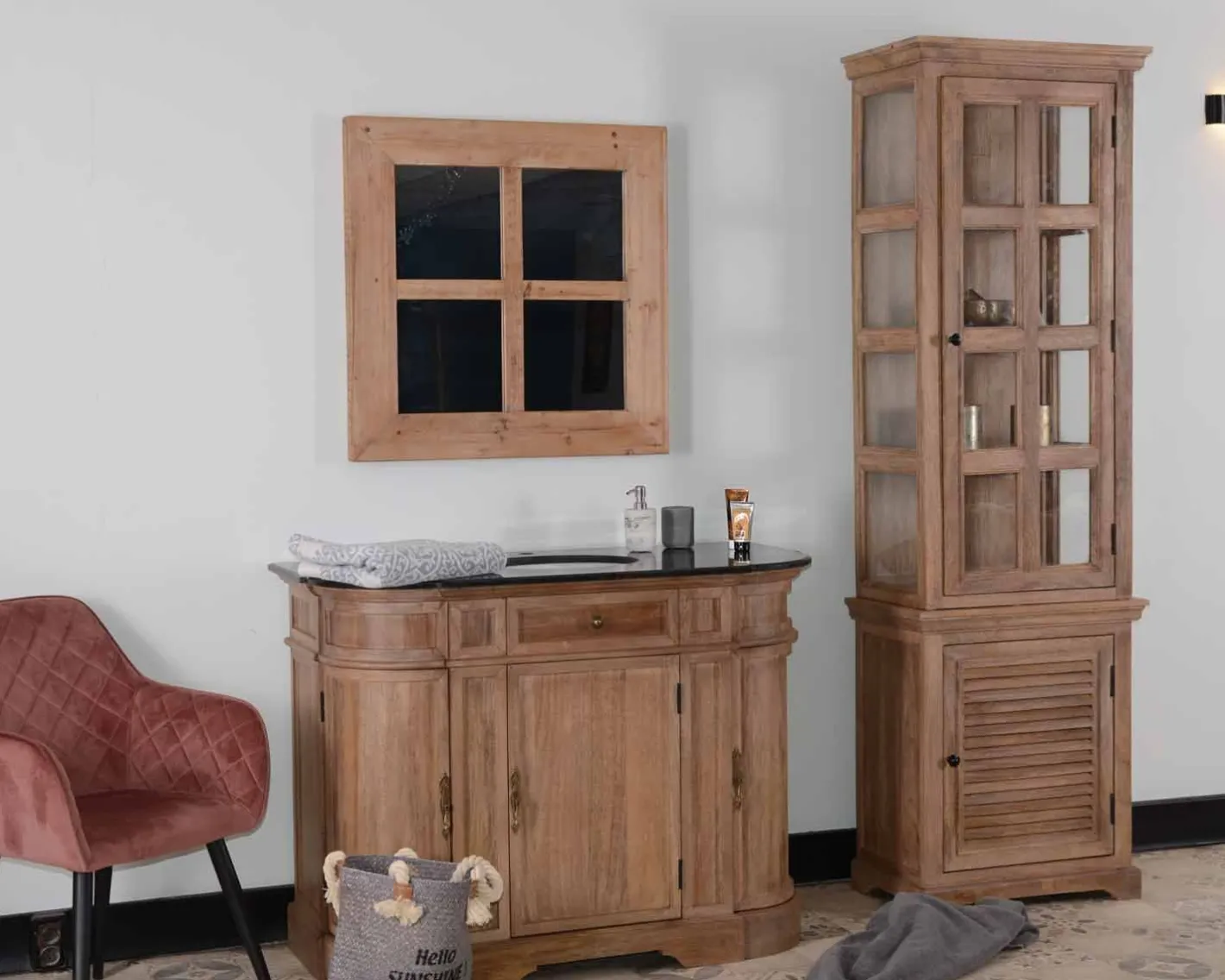 Hot Meuble salle de bain pierre 1 vasque bois massif arrondi "Églantine" Meuble Sous Vasque