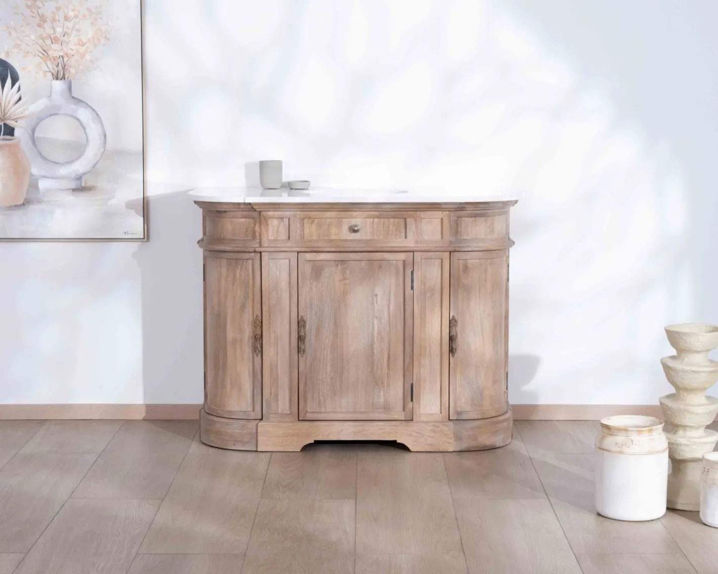 Discount Meuble salle de bain 1 vasque manguier massif quartz blanc "Églantine" Meuble Sous Vasque