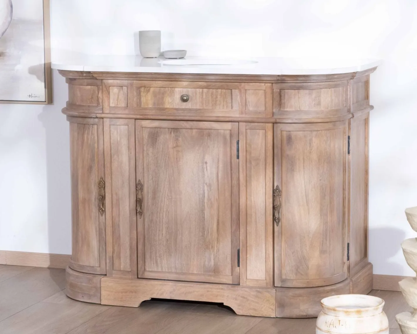 Discount Meuble salle de bain 1 vasque manguier massif quartz blanc "Églantine" Meuble Sous Vasque