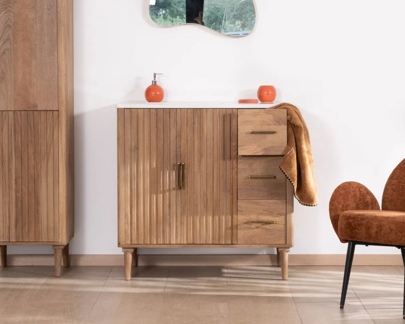 Discount Meuble simple vasque 90 cm "Malova" en manguier massif style vintage chic Meuble Sous Vasque