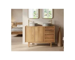 Discount Meuble sous vasque 120 cm avec portes et tiroirs "Kahiko" en manguier teinte chêne clair Meuble Sous Vasque
