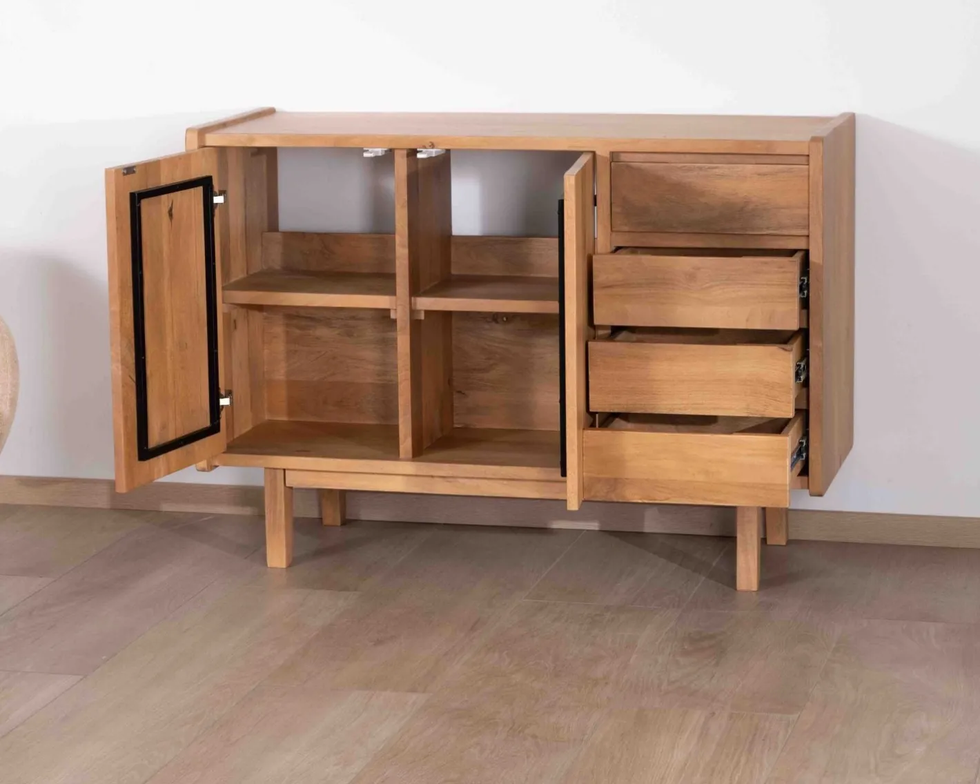 Discount Meuble sous vasque 120 cm avec portes et tiroirs "Kahiko" en manguier teinte chêne clair Meuble Sous Vasque
