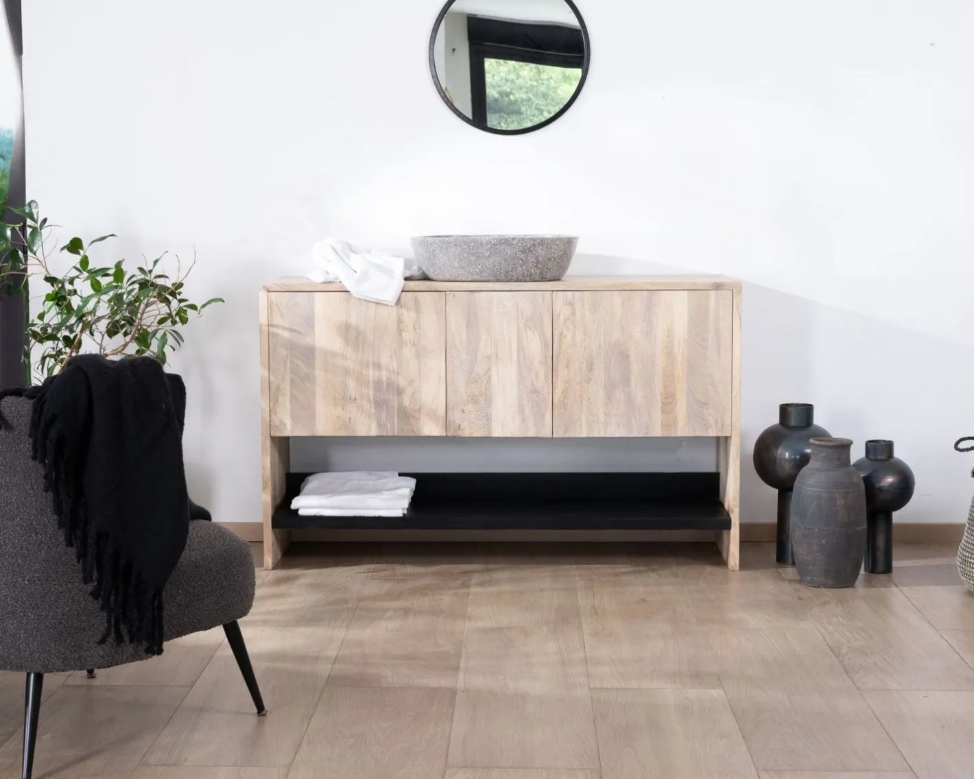 Discount Meuble sous vasque 120 cm en bois naturel et noir "Nani" avec grande niche Meuble Sous Vasque