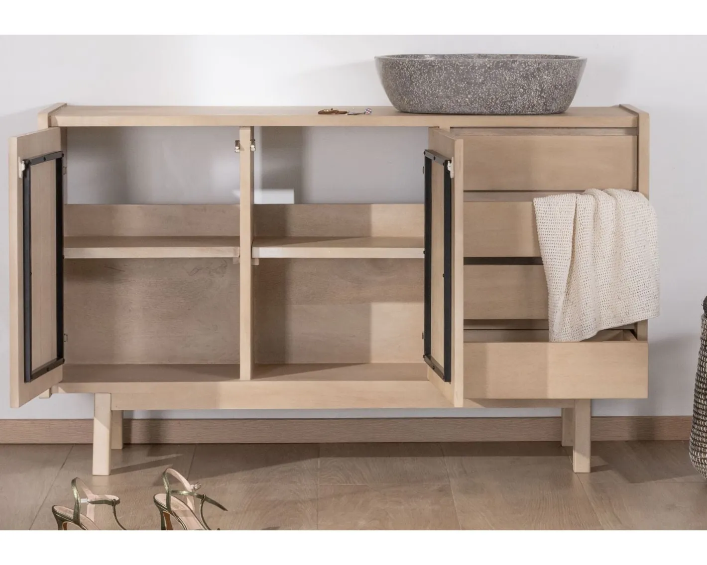 Sale Meuble sous vasque 140 cm en manguier blanchi avec portes et tiroirs "Kahiko" Meuble Sous Vasque