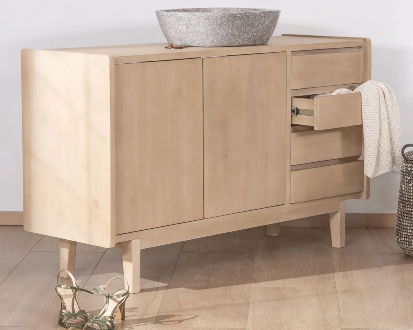 Sale Meuble sous vasque 140 cm en manguier blanchi avec portes et tiroirs "Kahiko" Meuble Sous Vasque