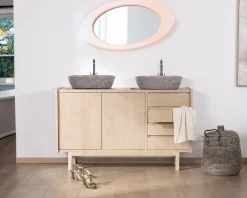 Sale Meuble sous vasque 140 cm en manguier blanchi avec portes et tiroirs