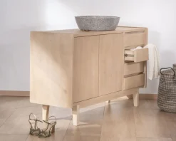 Sale Meuble sous vasque 140 cm en manguier blanchi avec portes et tiroirs