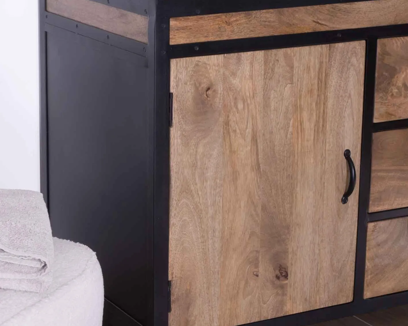 Online Meuble sous vasque 150 cm industriel manguier massif et métal "Atelier" Meuble Sous Vasque
