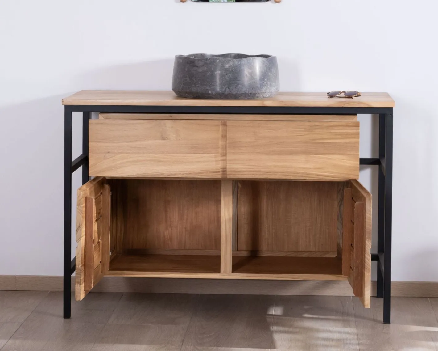 Hot Meuble sous vasque contemporain en teck 120 cm "Wavy" piètement design en métal Meuble Sous Vasque