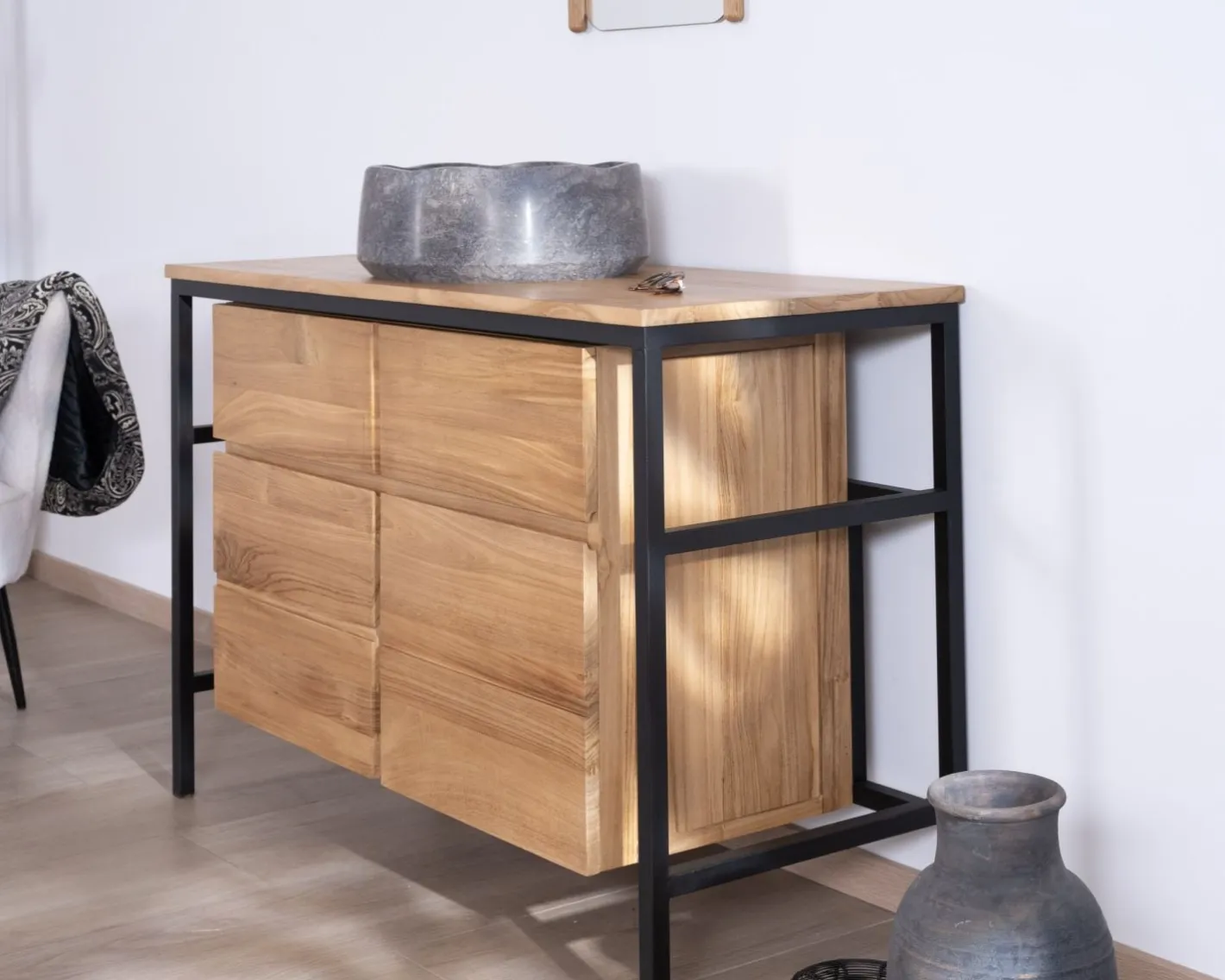 Hot Meuble sous vasque contemporain en teck 120 cm "Wavy" piètement design en métal Meuble Sous Vasque