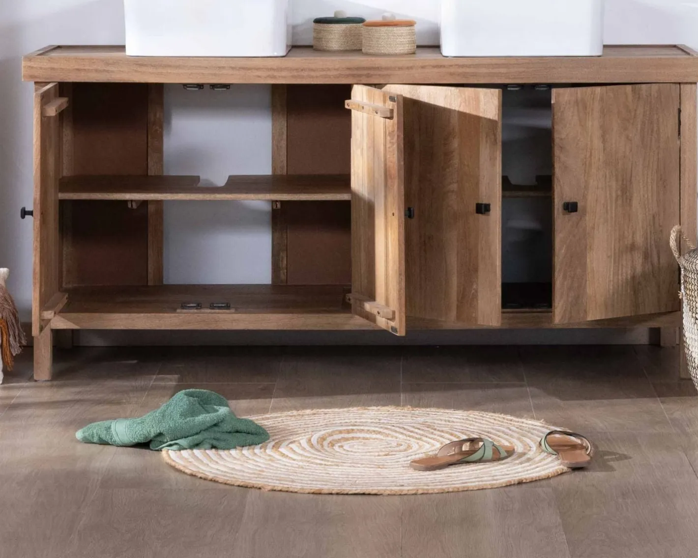 Online Meuble sous vasque double en manguier massif sablé 165cm "Maestro" Meuble Sous Vasque