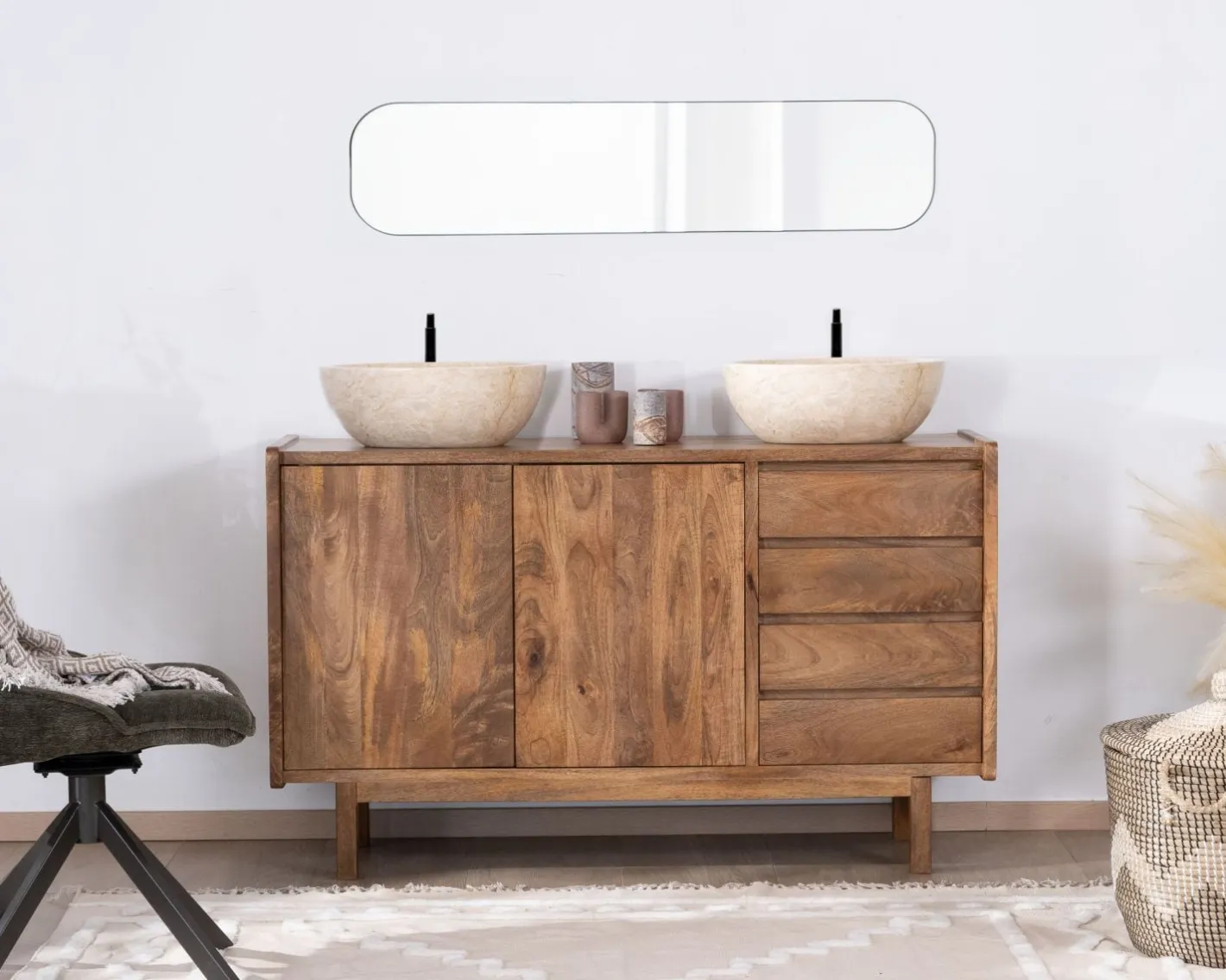 Hot Meuble sous vasque en manguier foncé avec portes et tiroirs "Kahiko" 120 cm Meuble Sous Vasque