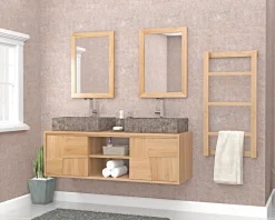Clearance Meuble sous vasque suspendu en teck avec portes coulissantes 140 cm "Tao" Meuble Sous Vasque