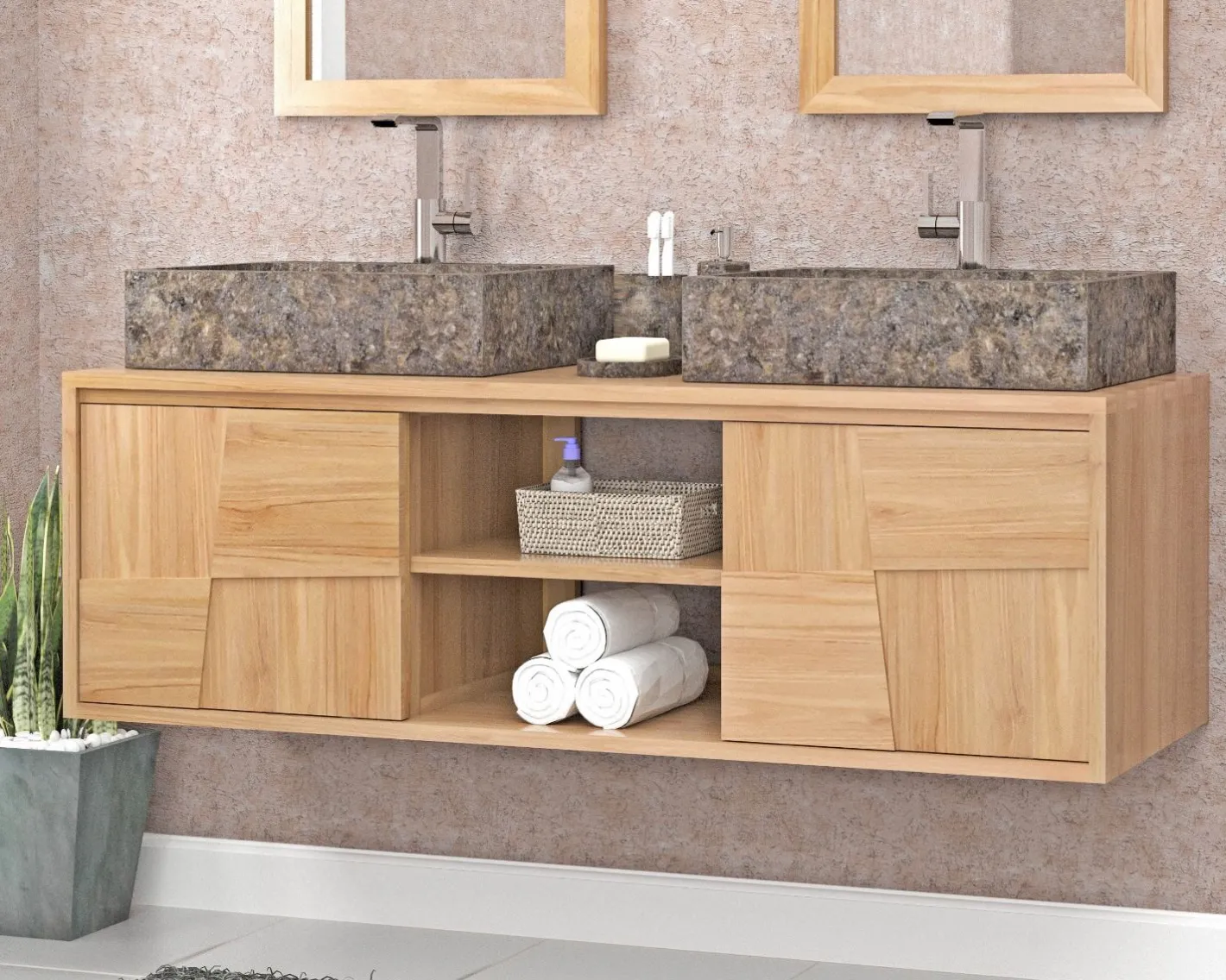 Clearance Meuble sous vasque suspendu en teck avec portes coulissantes 140 cm "Tao" Meuble Sous Vasque
