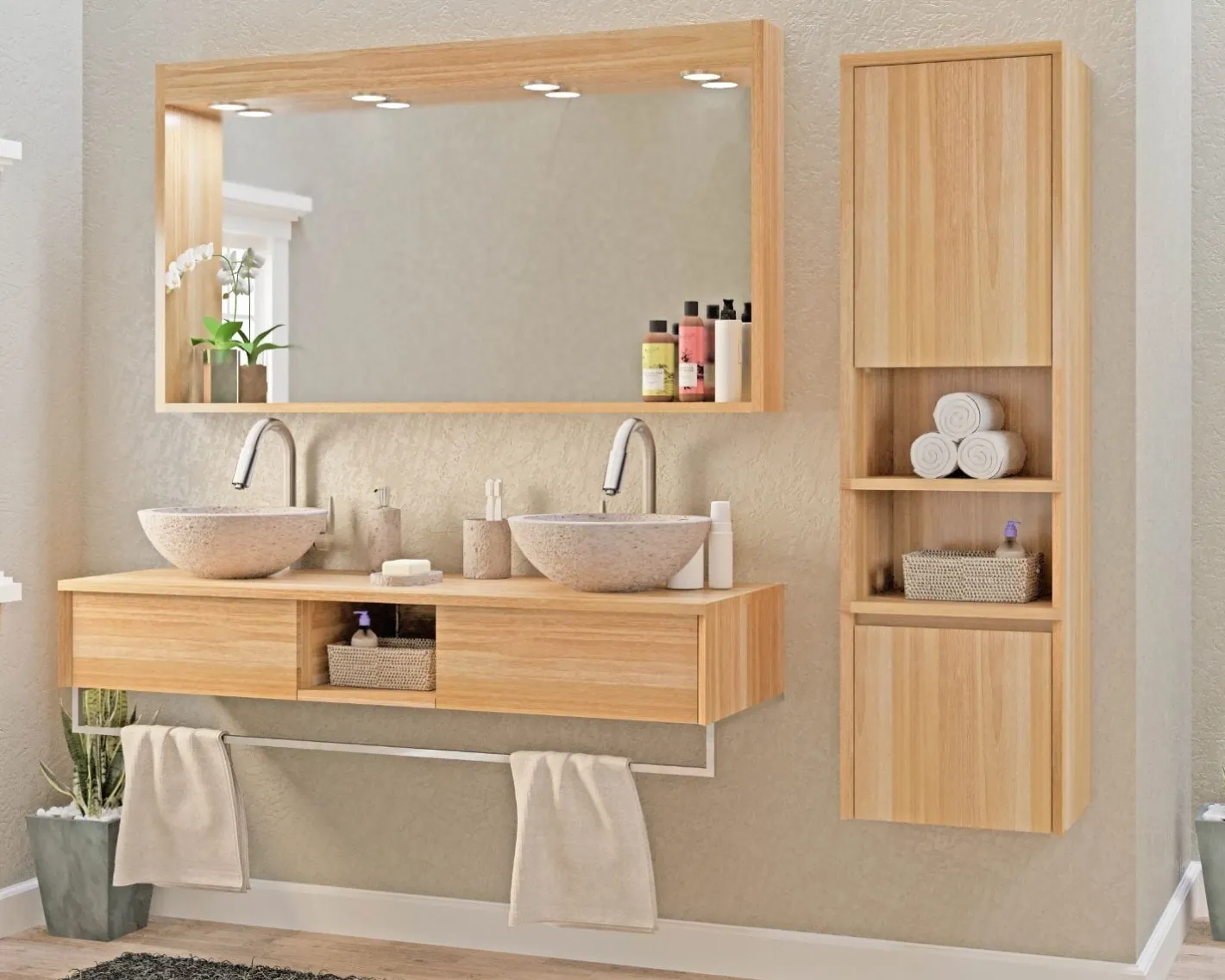 Outlet Meuble sous vasque suspendu en teck avec porte serviette 140 cm "Tika" Meuble Sous Vasque