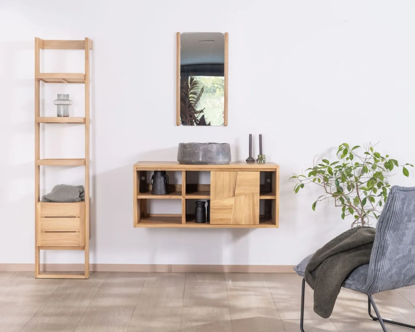 New Meuble sous vasque suspendu en teck avec portes coulissantes "Tao" 105 cm Meuble Sous Vasque