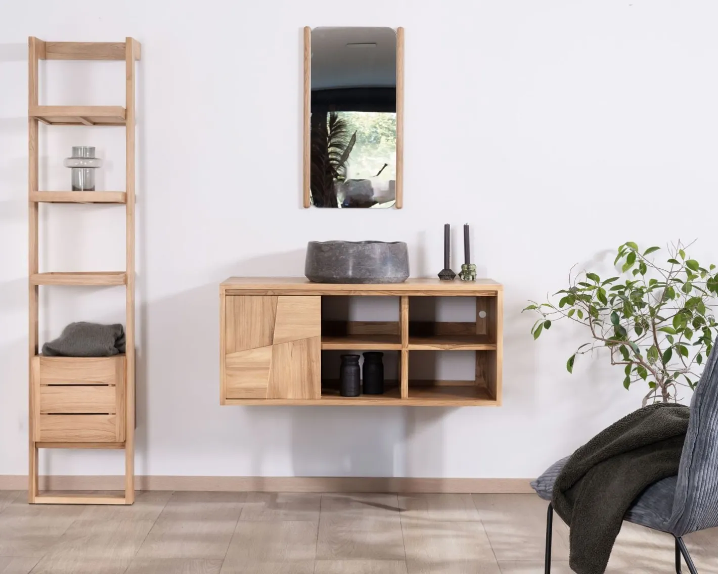 New Meuble sous vasque suspendu en teck avec portes coulissantes "Tao" 105 cm Meuble Sous Vasque