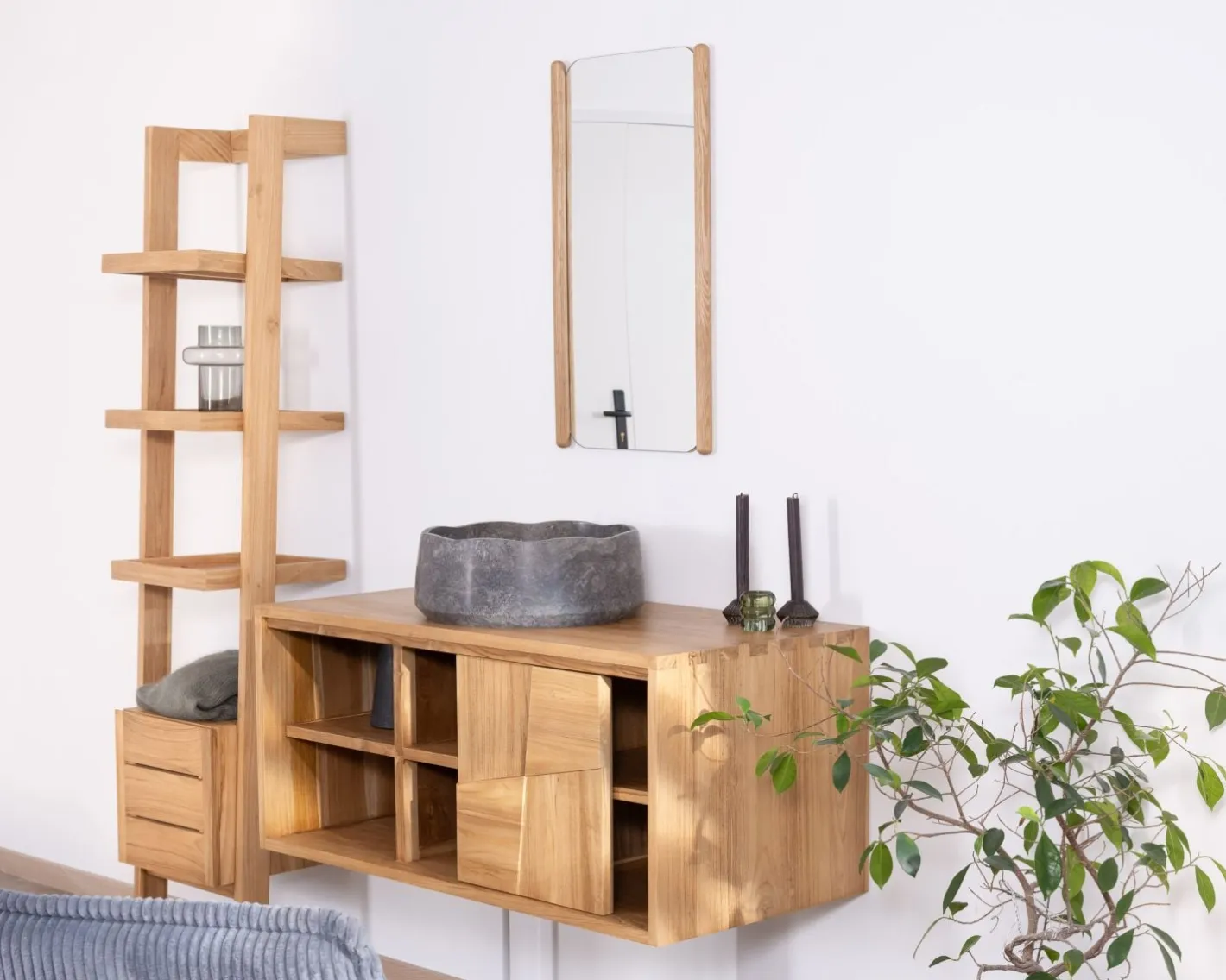 New Meuble sous vasque suspendu en teck avec portes coulissantes "Tao" 105 cm Meuble Sous Vasque