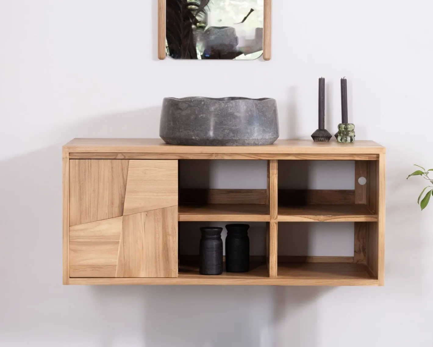 New Meuble sous vasque suspendu en teck avec portes coulissantes "Tao" 105 cm Meuble Sous Vasque