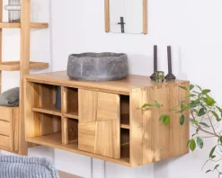New Meuble sous vasque suspendu en teck avec portes coulissantes