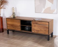 Online Meuble télé 175 cm bicolore contemporain "Olonie" en teck naturel et métal Meuble Télé