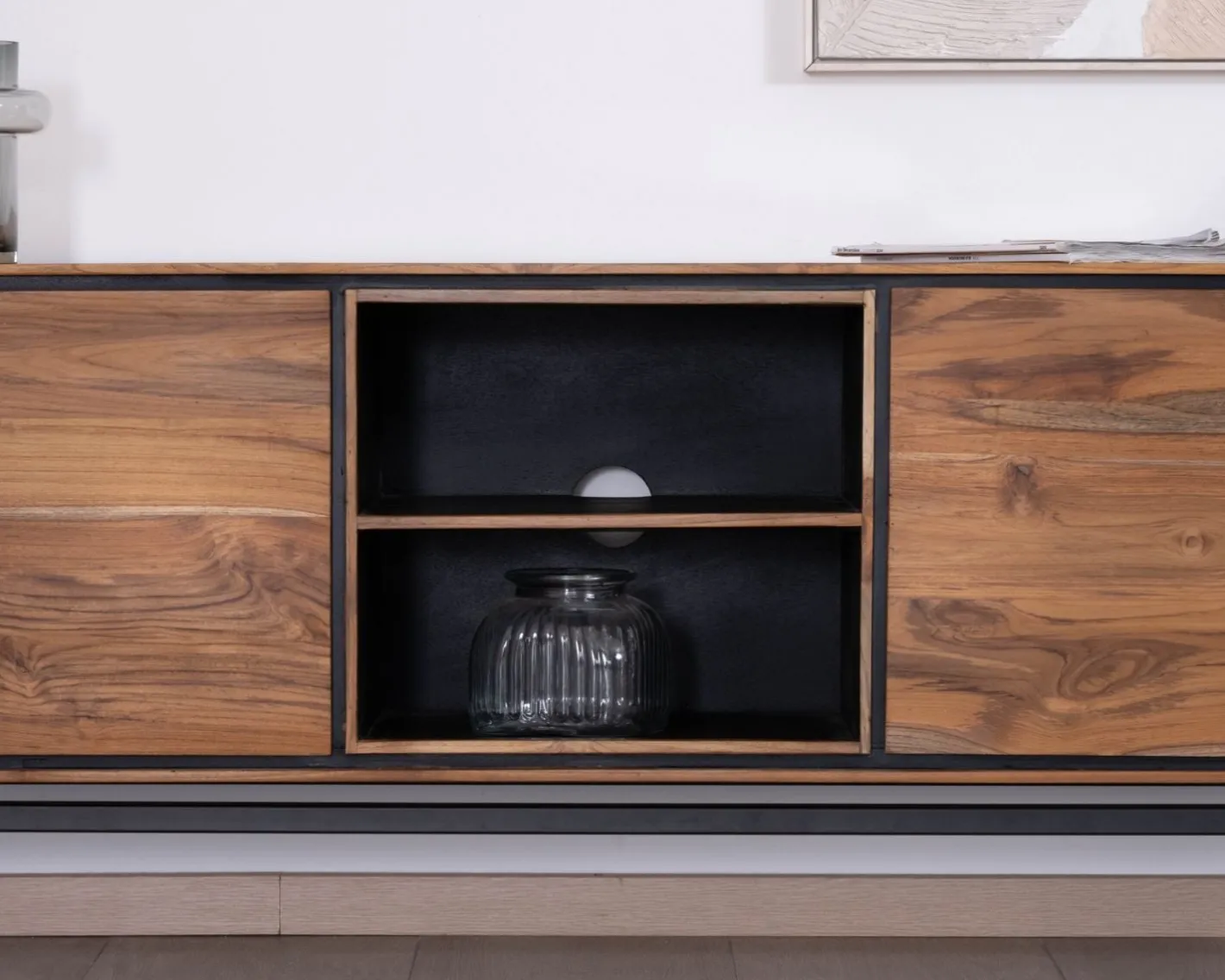 Online Meuble télé 175 cm bicolore contemporain "Olonie" en teck naturel et métal Meuble Télé