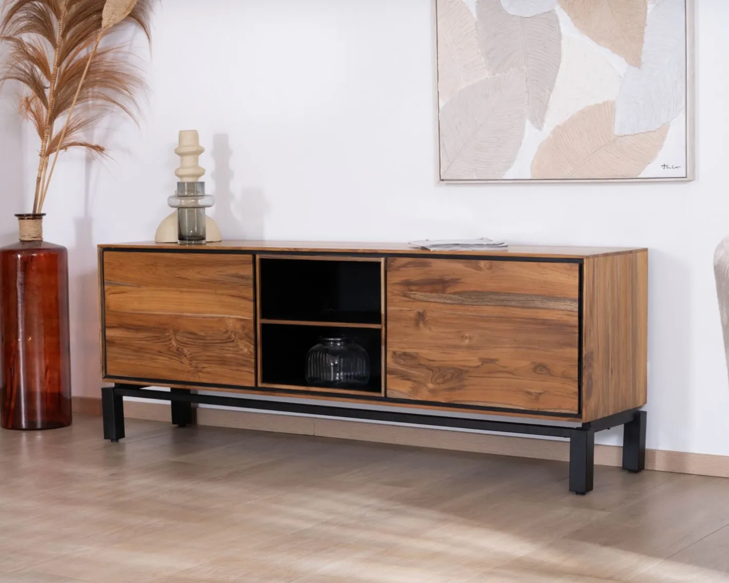 Online Meuble télé 175 cm bicolore contemporain "Olonie" en teck naturel et métal Meuble Télé
