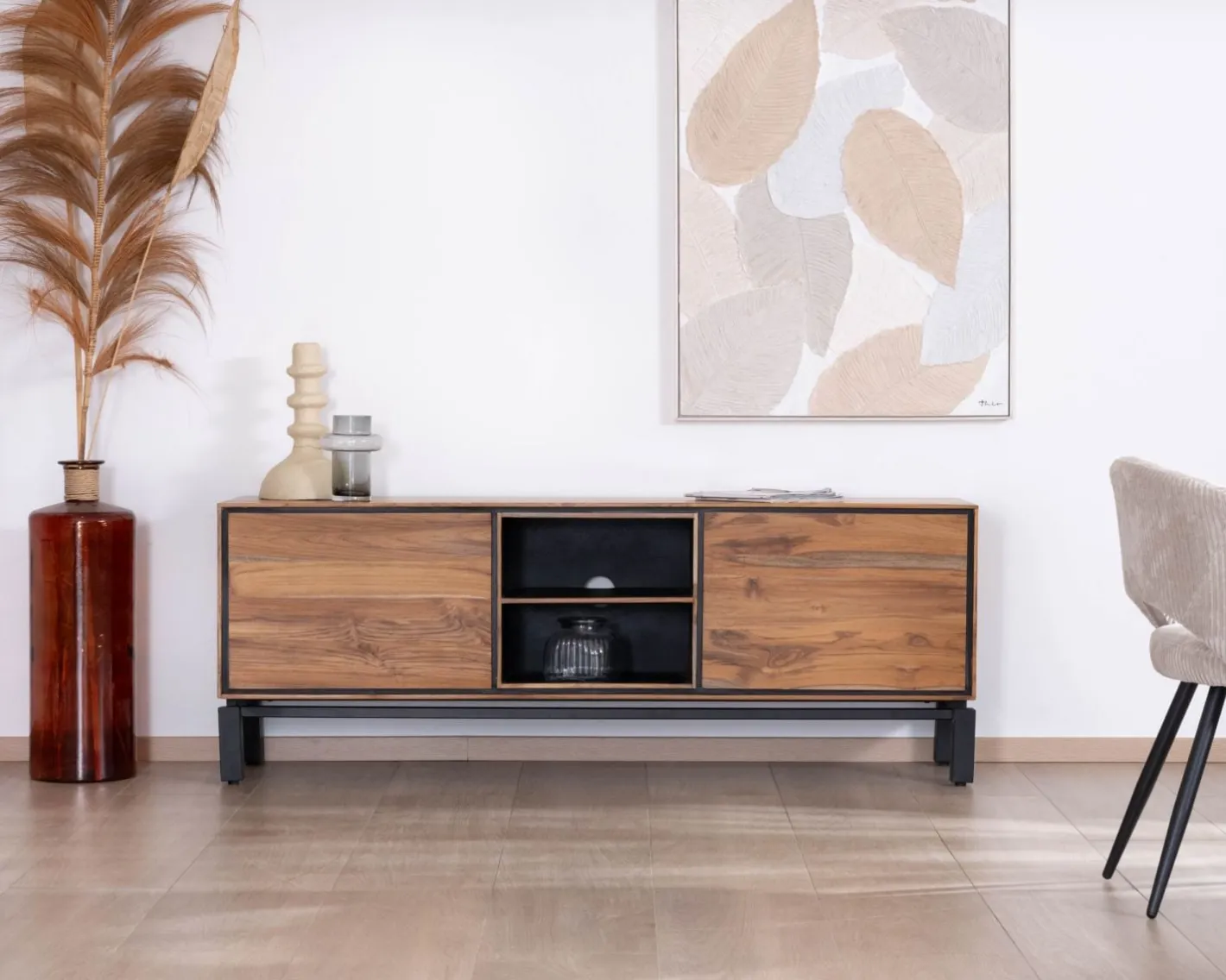 Online Meuble télé 175 cm bicolore contemporain "Olonie" en teck naturel et métal Meuble Télé