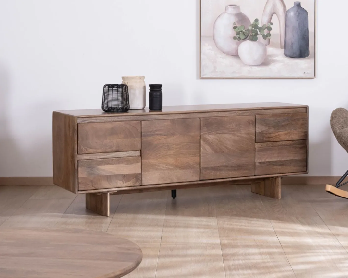 Hot Meuble télé 160 cm design épuré Japandi "Geta" en manguier massif Meuble Télé