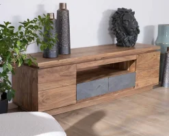 Discount Meuble télé 175cm en acacia avec tiroirs façade placage pierre et bande LED 