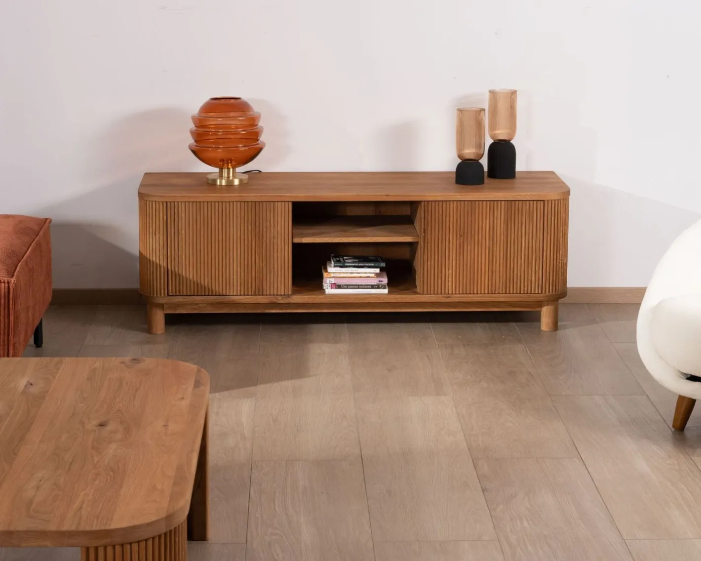 Sale Meuble télé 150 cm 2 portes en chêne huilé style rétro "Winton" Meuble Télé