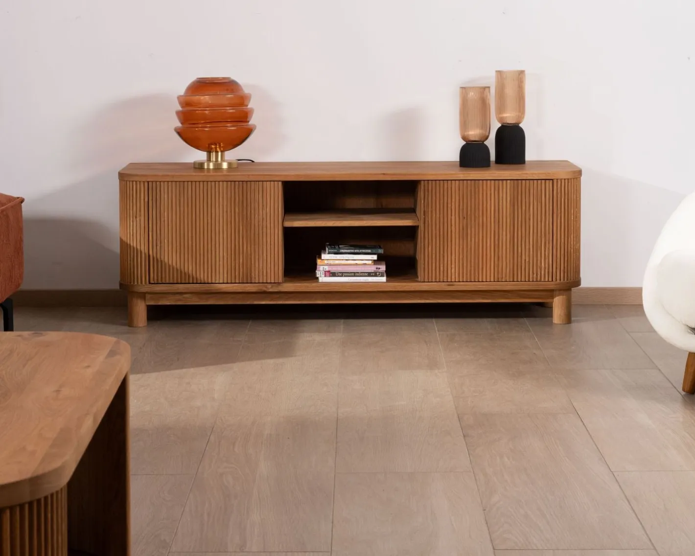Sale Meuble télé 150 cm 2 portes en chêne huilé style rétro "Winton" Meuble Télé