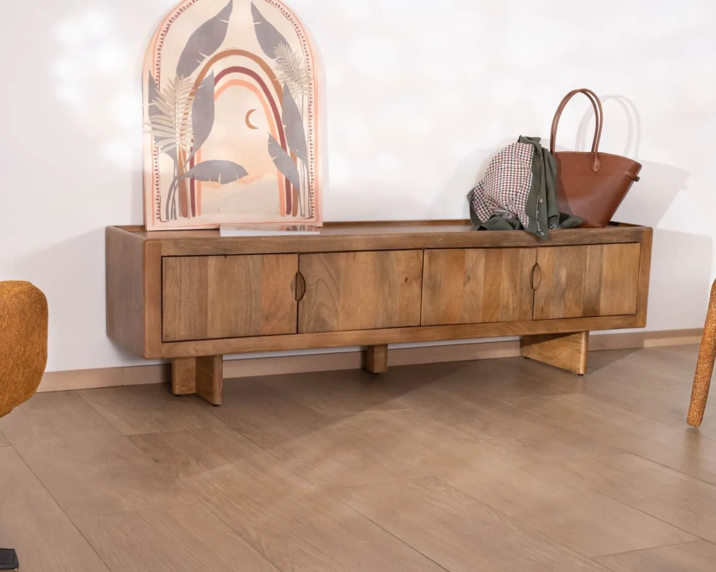 Online Meuble TV bas 180 cm en manguier naturel "Odely" 4 portes Meuble Télé