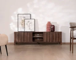 Clearance Meuble TV bas esprit zen en manguier massif teinte noyer 180 cm « Sicora » Meuble Télé