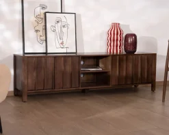 Clearance Meuble TV bas esprit zen en manguier massif teinte noyer 180 cm « Sicora » Meuble Télé