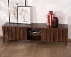 Clearance Meuble TV bas esprit zen en manguier massif teinte noyer 180 cm « Sicora » Meuble Télé