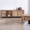 Outlet Meuble TV 180cm acacia massif avec niche éclairage LED et étagère verre "Fantaisie" Meuble Télé