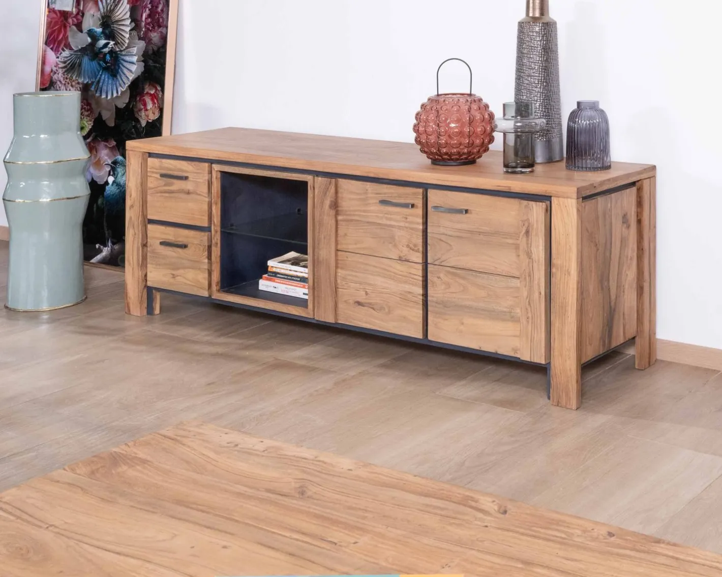 Outlet Meuble TV 180cm acacia massif avec niche éclairage LED et étagère verre "Fantaisie" Meuble Télé