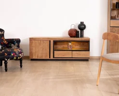 Discount Meuble TV 145 cm contemporain en acacia avec liserés noirs